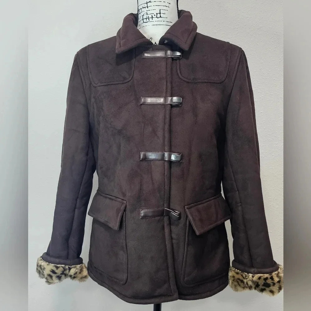 Utex Design Faux Micro Suede/Fur Leopard Print Jacket Size Medium-EUC